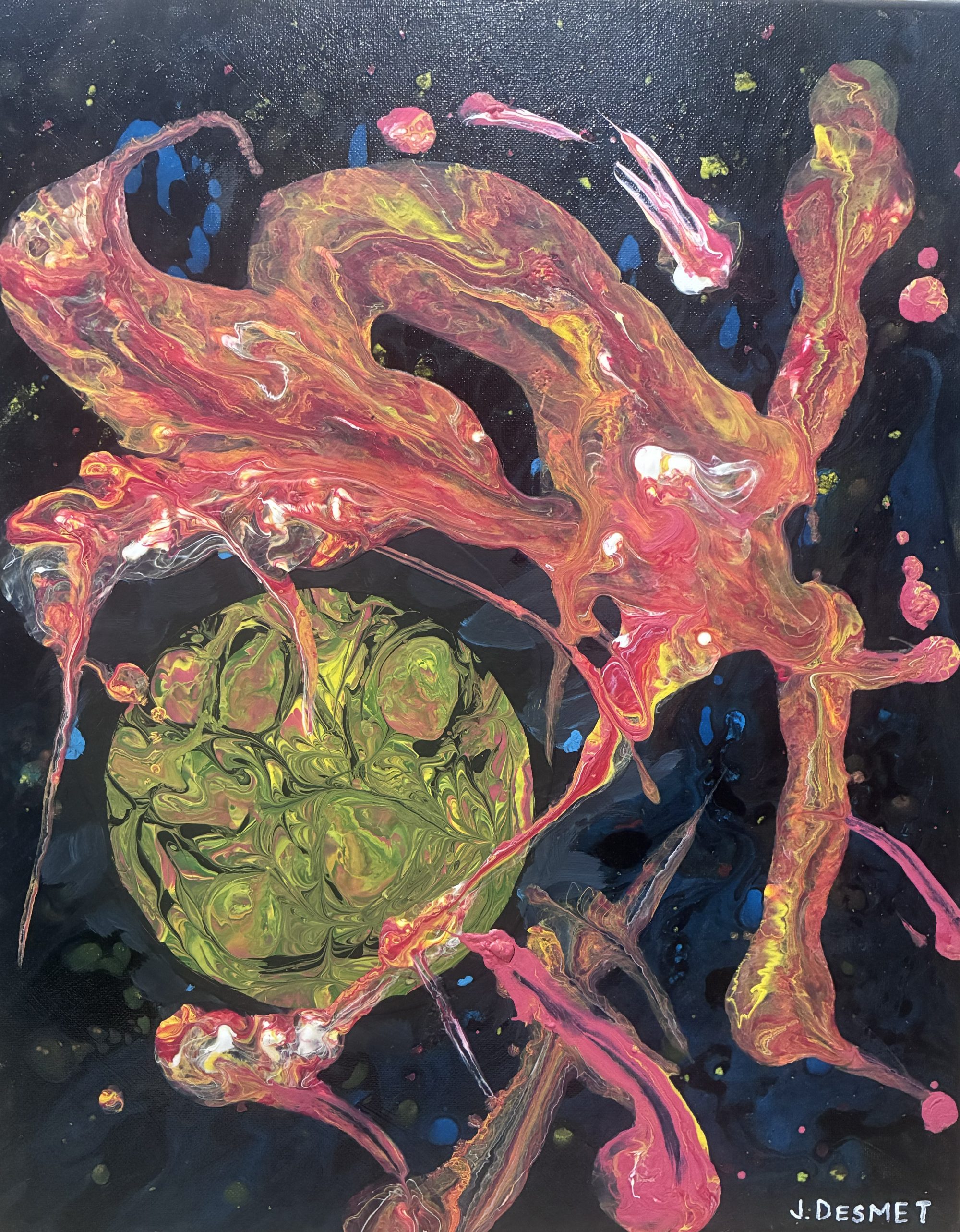 This is a abstract painting of a galactic space theme. It has a green planet object surrounded by swirls of fiery red and yellow.